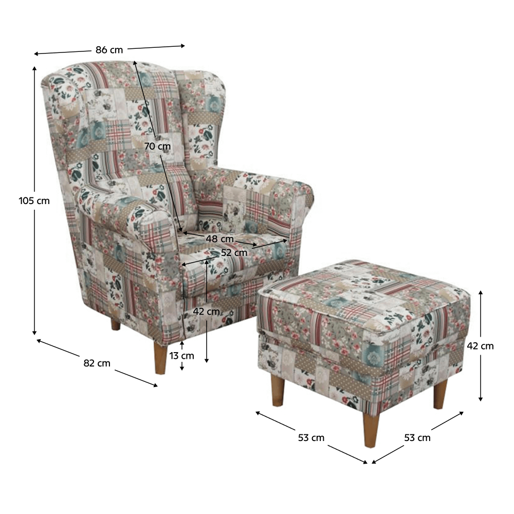 Kreslo ušiak s taburetom, látka patchwork Viorica 1, ASTRID – Obrázok 3
