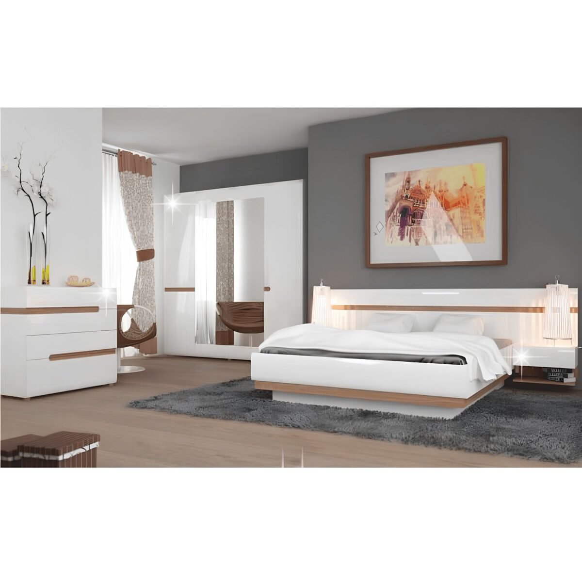 Komoda, biela extra vysoký lesk HG/dub sonoma tmavý truflový, LYNATET TYP 44 - Image 3
